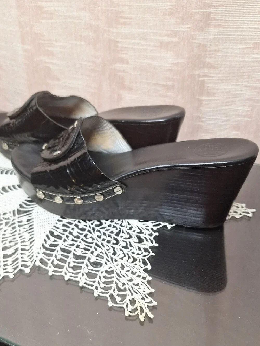 Tory Burch Black Patent Slide Mules with Logo Medallion